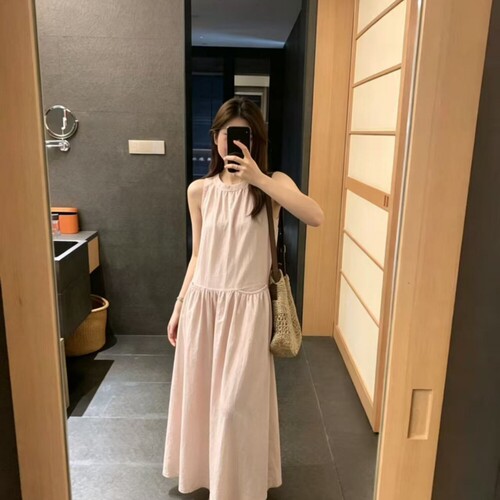 夏上新！韩系设计感挂脖慵懒气质无袖背心裙连衣裙