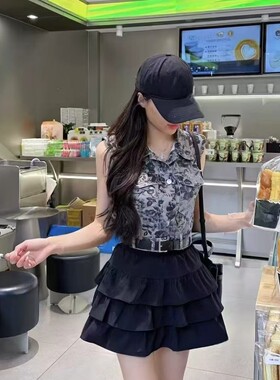 时尚印花绑带收腰牛仔马甲背心套装女夏季新款高腰蛋糕短裙两件套