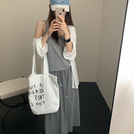 26夏上新纯色内搭背心+松弛感休闲小衫+条纹抽绳半身裙三件套套装