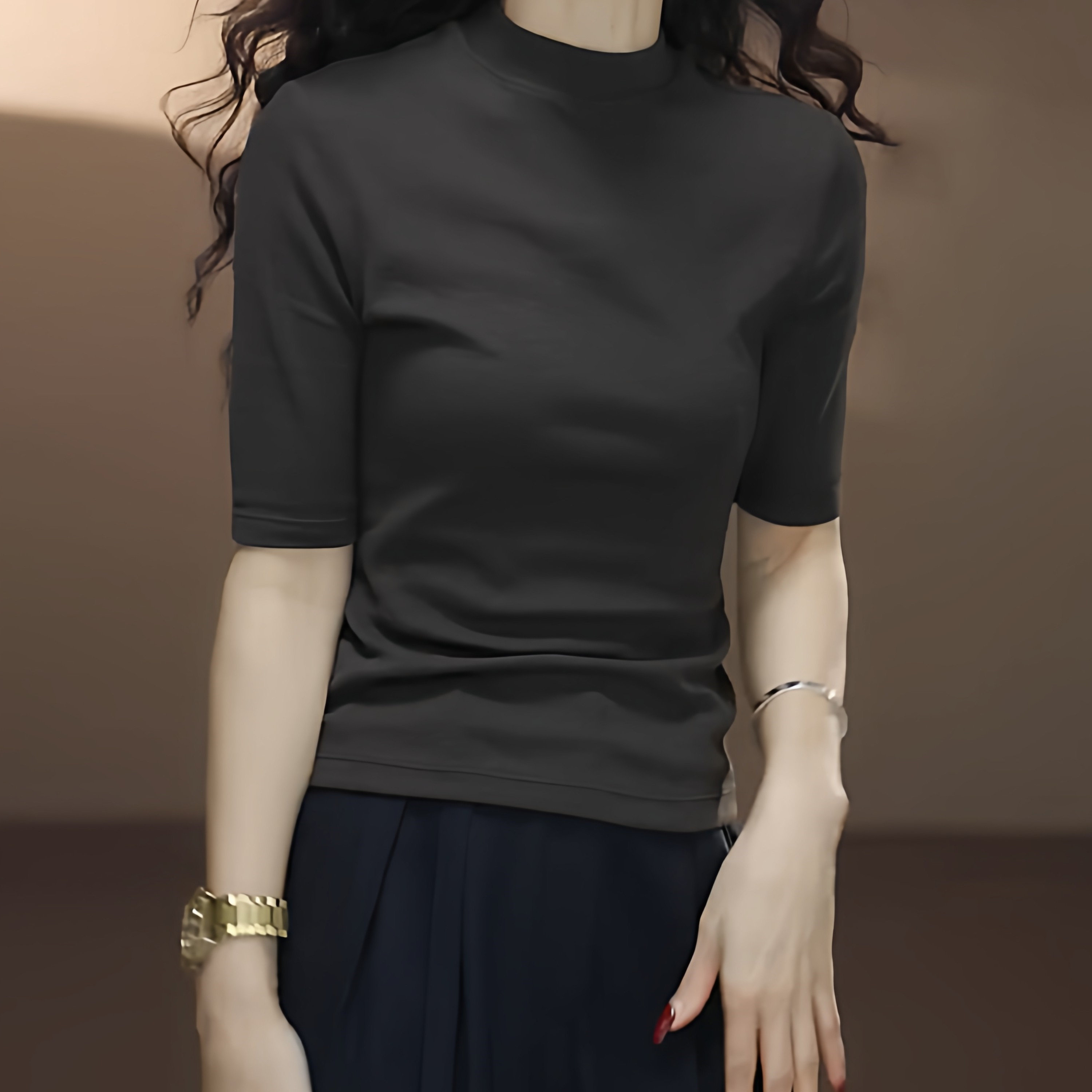 极简风立领气质百搭中袖T恤女