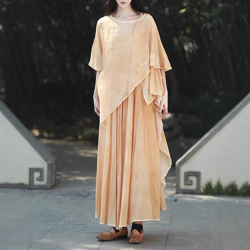 2025春夏新款复古植物染清冷风文艺棉麻捏褶吊带裙天丝罩衫套装女
