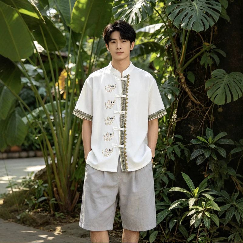 西双版纳傣族风男士短袖衬衫夏季棉麻盘口大象刺绣民族风男士上衣