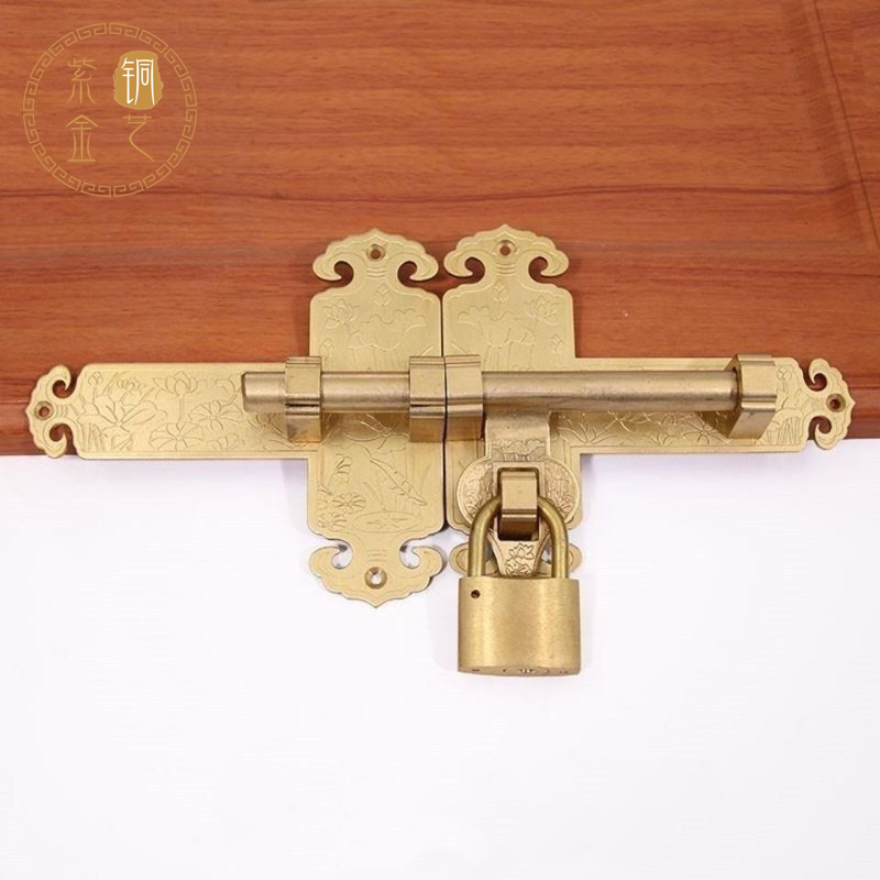 仿古纯铜大门锁插销锁免打孔铜门闩挂锁门扣金属门栓锁扣中式门锁