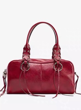 2025秋季新品女包时尚做旧裂纹效果斜挎包大容量红色手提保龄球包