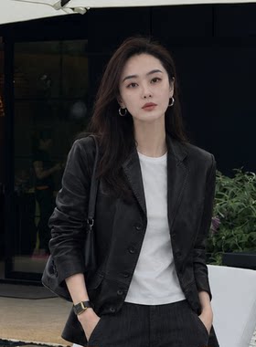 Pralado黑色真皮西装皮衣女短款高级感单排扣皮夹克外套7609