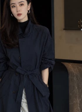 Pralado高智新风衣女长款藏蓝色翻领腰带廓形外套7059