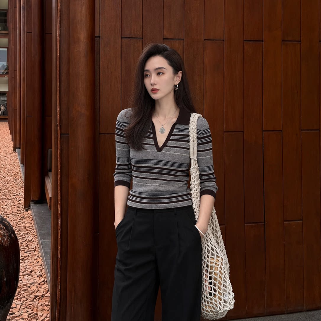 Pralado新款条纹V领七分袖针织衫女修身百搭毛衣上衣6823