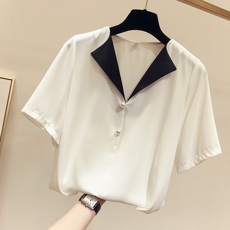 2019套头雪纺韩国拼接显瘦夏季新款短袖小翻领衬衫纯色钉珠气质女在类目 女装/女士精品, 蕾丝衫/雪纺衫中 - 来自Buy2taobao.com提供专业的淘宝代购服务