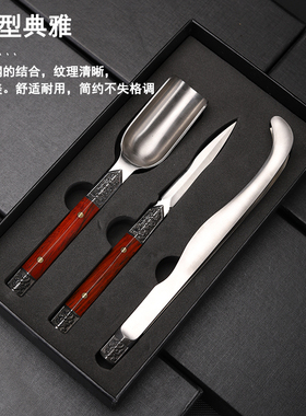 大马士革茶夹三件套黑檀木普洱开茶刀茶勺镊子不锈钢茶具配件套装