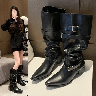 2025新款不过膝尖头骑士靴中跟粗跟高筒靴皮带扣宽筒靴子