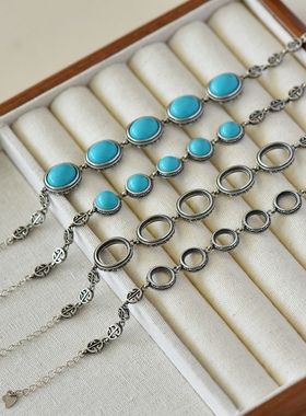 S925纯银手链空托复古多石位镶嵌