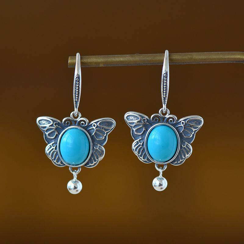 S925纯银耳坠空托复古女款蝴蝶8*10DIY蜜蜡松石琥珀玉石南红镶嵌