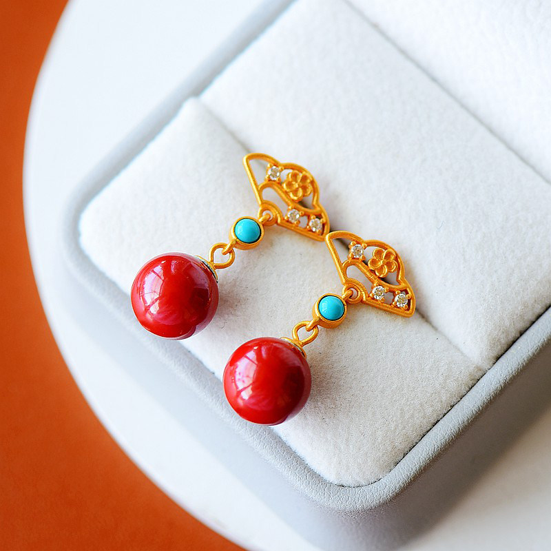 S925纯银耳钉耳坠耳饰配件空托女款如意梅花DIY圆珠蜜蜡松石镶嵌