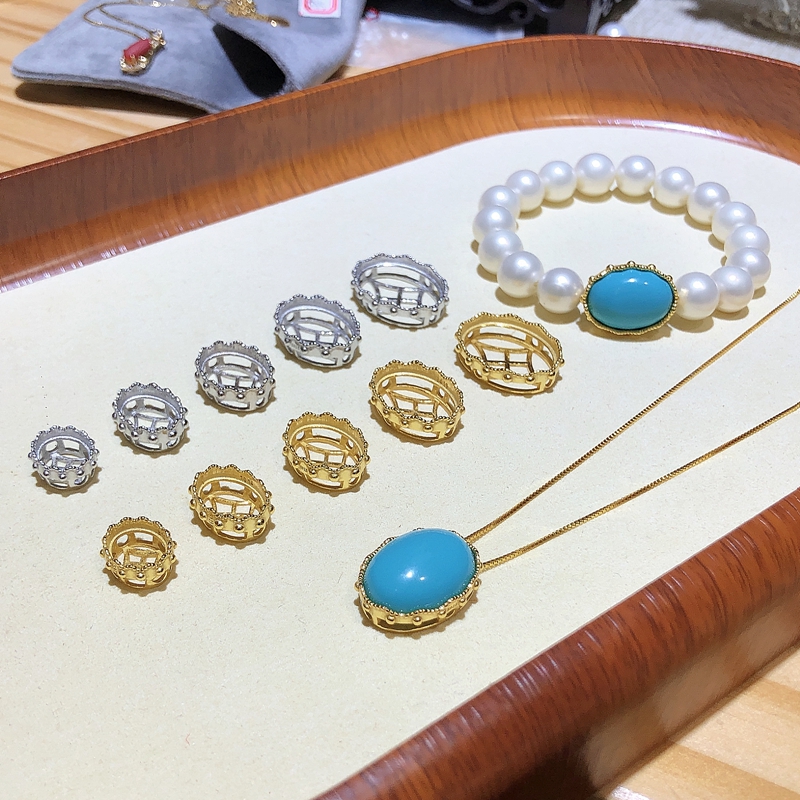 S925纯银穿手链吊坠项链配件背云空托魔盒DIY玉石镶嵌10*12*16*21