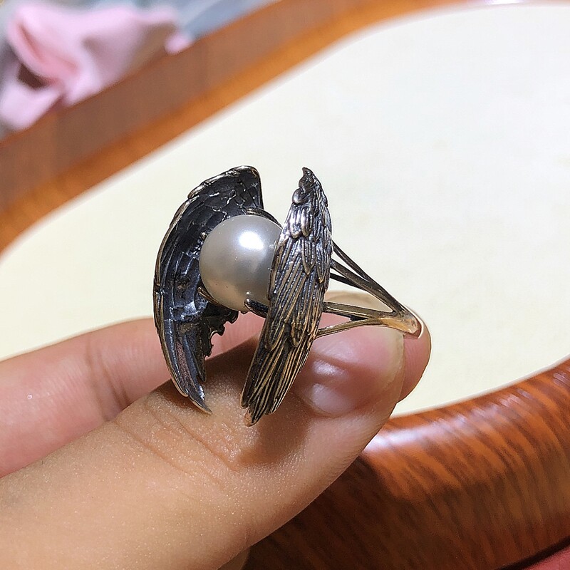 S925纯银戒指空托复古女款天使翅膀圆珠DIY镶嵌珍珠玉石松石水晶