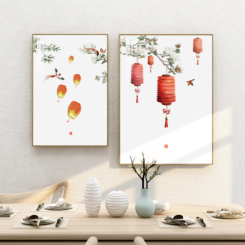 百特好 红灯笼红红火火挂画新中式餐厅装饰画酒店餐馆餐桌面壁画