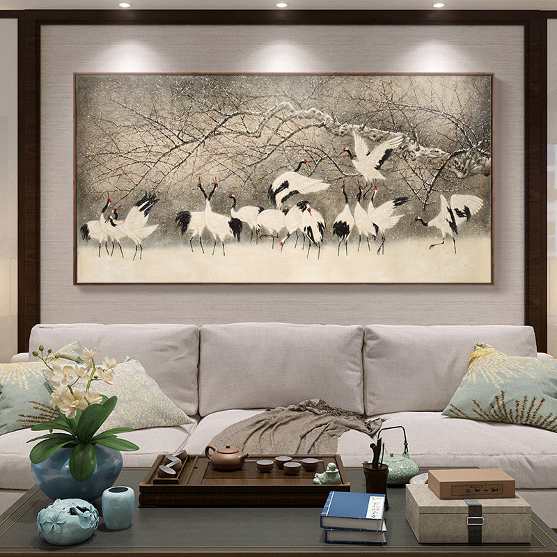 瑞鹤图松鹤延年挂画新中式客厅中堂装饰画仙鹤国画茶室背景墙壁画