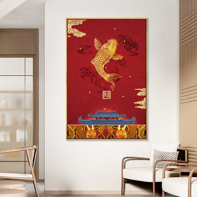 鲤鱼跃龙门挂画新中式客厅装饰画中国风禅意茶室壁画餐厅玄关画竖图片