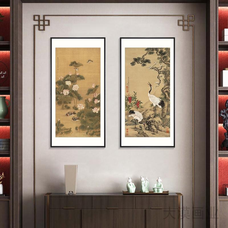 新中式客厅装饰画松鹤延年仙鹤图国画鸳鸯图中古风酒店民宿挂画框