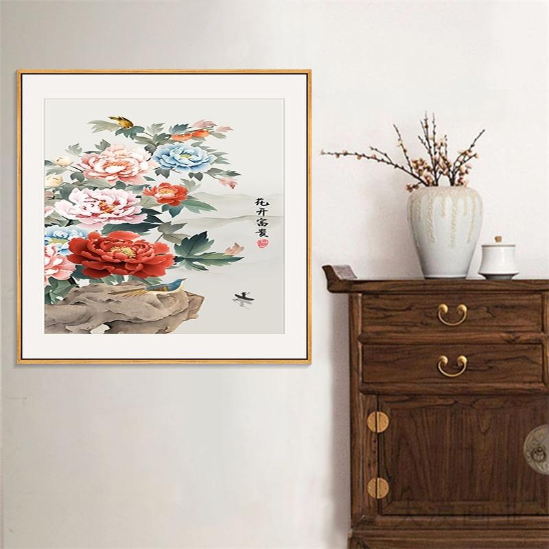 花开富贵牡丹图中式入户玄关装饰画餐厅高端大气挂画走廊壁画国画