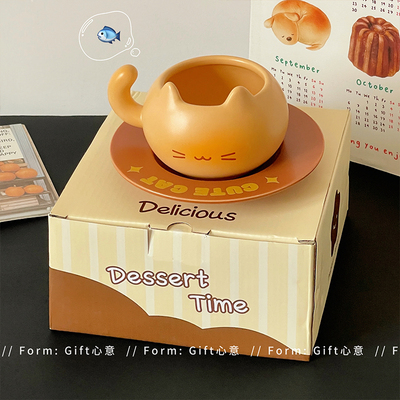 可爱生日礼物焦糖猫咪咖啡杯碟办公室高颜值喝水杯陶瓷马克杯女生
