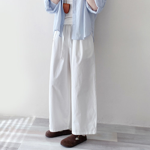 通勤高品质白色春款阔腿裤2026夏款强捻棉风格布松紧腰显瘦休闲裤