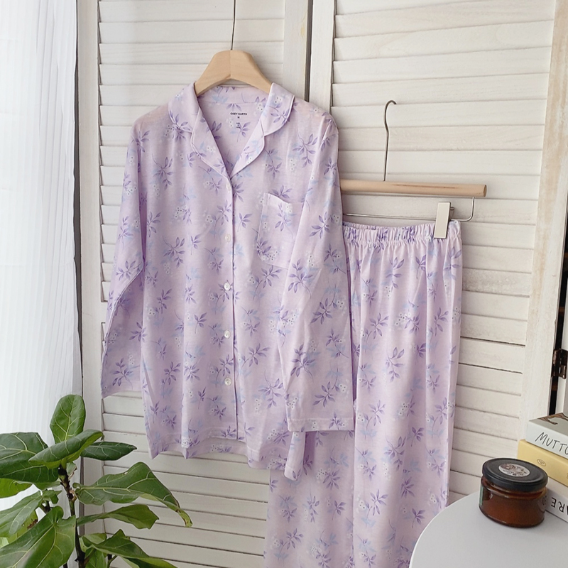 日单棉质睡衣女式家居服分体式套装秋冬新款长袖田园风碎花裤子