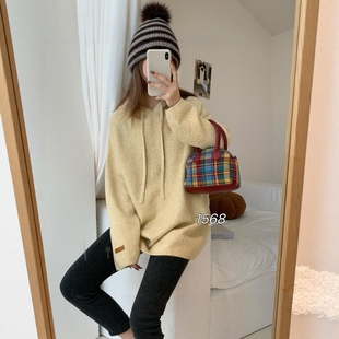 针织线衫 韩版 大版 宽松洋气百搭中长款 慵懒风连帽套头毛衣女冬季