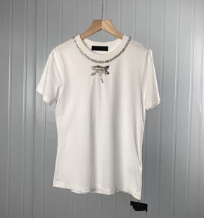天蚕丝长绒棉镶钻短袖女t恤圆领亮闪蜻蜓水钻弹力短袖T恤上衣女