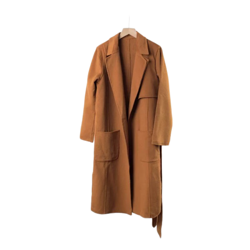 韩版女士双面呢大衣春秋款休闲百搭纯色西装领系带收腰外套中长款