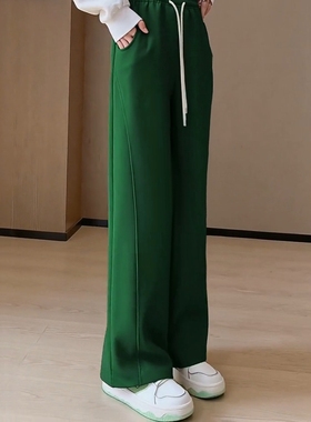 深绿色阔腿香蕉裤女款休闲裤秋冬加绒设计感高腰遮胯显瘦弯刀卫裤