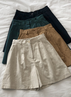 棉麻短裤子女夏季新款文艺设计感半松紧五分裤宽松日系大码阔腿裤