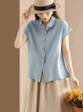 欧若风短袖女款爆款2025新款夏季纯棉宽松棉麻衬衣大码亚麻上衣潮