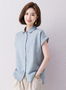 中年妈妈洋气短袖衬衫女夏大码休闲文艺复古粉色棉麻亚麻衬衣上衣