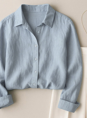 法式雾蓝色棉麻衬衫女春秋外穿长袖宽松亚麻衬衣2026新款爆款洋气