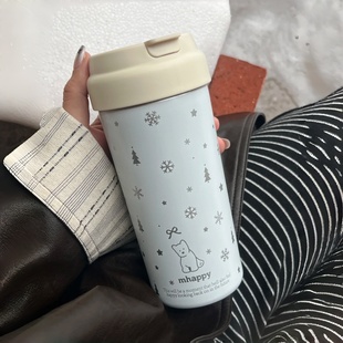 MhappyManner 原创冬日雪花保温杯陶瓷内胆吸管316不锈钢水杯保冷