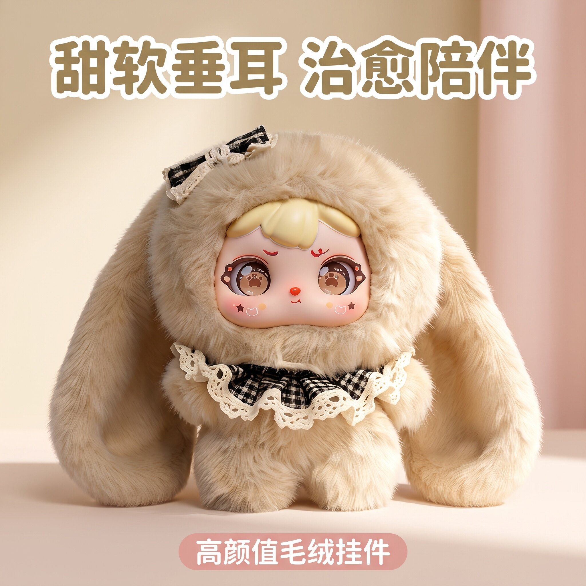 正版甜宝妹卡通可爱毛绒挂件搪胶脸娃娃卡其色垂耳兔公仔卡通礼品