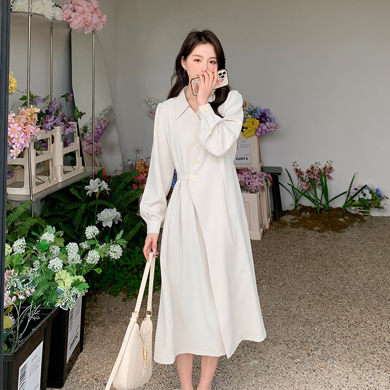 白色法式复古轻熟风衬衫连衣裙女春秋高级设计感气质名媛女神范,女装连衣裙,天丽