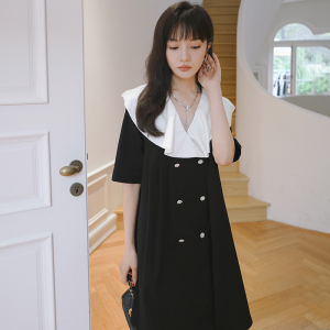 小香风黑白格子娃娃领连衣裙女夏2025新款超好看宽松直筒高质感裙图片