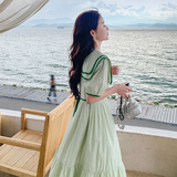 双层娃娃领绿色连衣裙女夏清纯甜美气质显瘦小清新减龄法式长裙子，女装连衣裙，浙宝228
