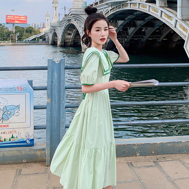 双层娃娃领绿色连衣裙女夏清纯甜美气质显瘦小清新减龄法式长裙子,女装连衣裙,浙宝228