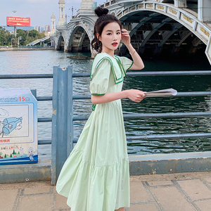 双层娃娃领绿色连衣裙女夏清纯甜美气质显瘦小清新减龄法式长裙子图片