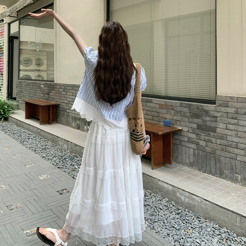 韩系穿搭一整套女2025夏季新款设计感小众蕾丝拼接衬衫半身裙套装,女装套装/套裙,浙宝228