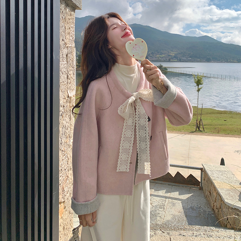 【新品现货】70毛短款蕾丝系带双面羊毛大衣228-A659-P215控308，女装毛呢外套，浙宝228