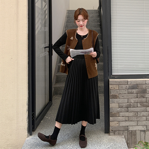 【大货】春装刺绣马甲+百褶连衣裙两件套装A649-P175控288，女装套装/套裙，浙宝228