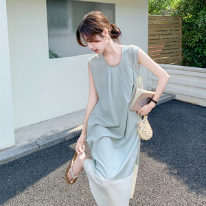 韩版简约无袖背心连衣裙女2025夏季新款独特宽松休闲显瘦圆领长裙图片