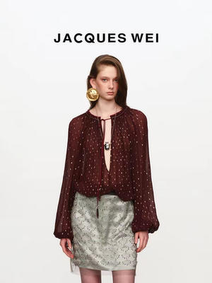 JACQUES WEI 金丝酒红微透雪纺衫女2026夏季氛围感系带灯笼袖衬衫