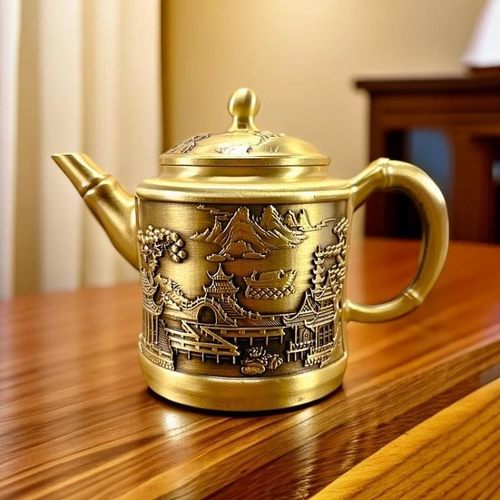 黄铜中国风山水茶壶仿古工艺品手把壶办公室茶道具铜器摆件