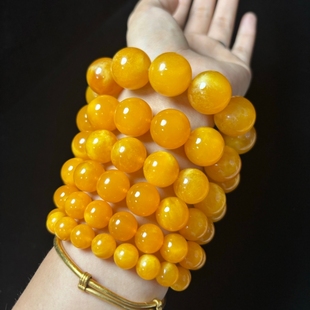 天然蜜蜡手串男女款 鸡油黄单圈圆珠手链琥珀手链俄料妖花二代配饰