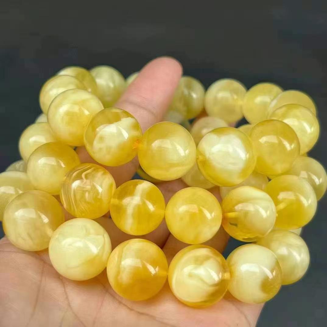 天然蜜蜡手串白花妖飘花俄料溶洞金绞单圈老蜜蜡男士女款琥珀手链